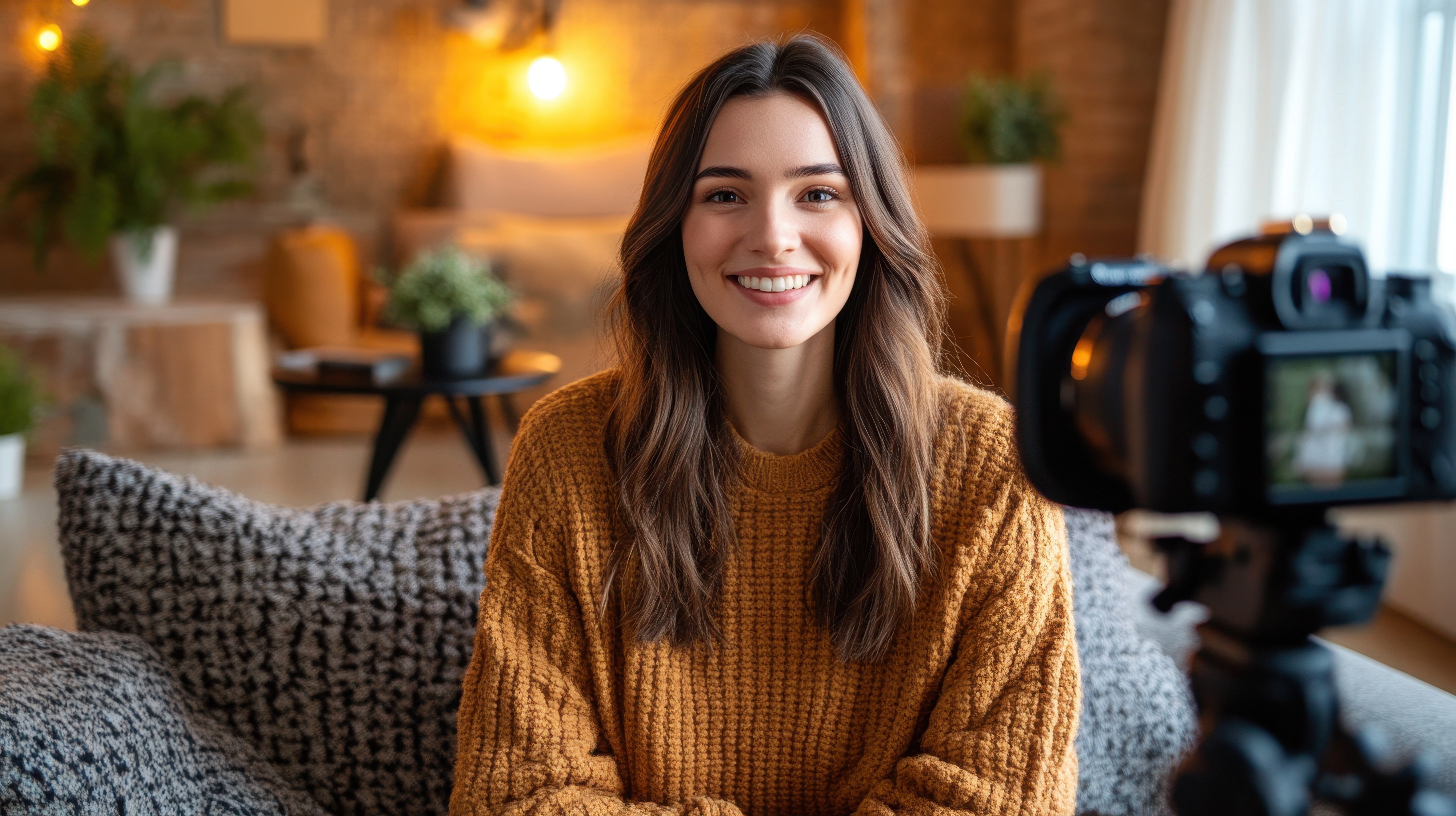 smiling professional woman in front of a video camera